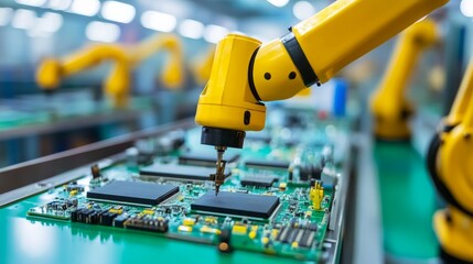 A bright yellow robotic arm meticulously assembles electronic components on a circuit board within a modern factory setting, showcasing technology and innovation.