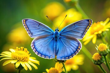 A blue and yellow butterfly perched on a flower