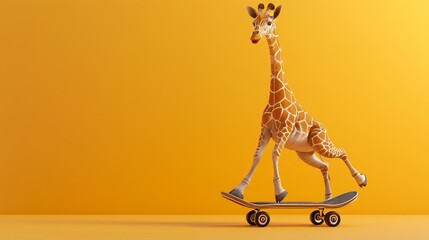 A giraffe skateboarding on a yellow background.