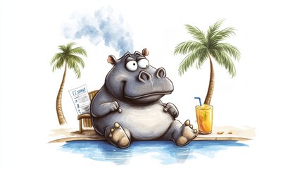 Naklejka premium Relaxing Hippo at Poolside with Tropical Vibes
