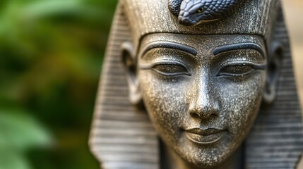 Fictional Ancient Egyptian Pharaoh Bust with Serpent Headdress in Natural Setting, AI