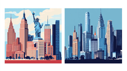 Fototapeta premium Cityscape with Colorful Reflections at Sunrise, Skyscrapers in modern city International corporations Banks and office buildings.