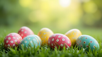 Fototapeta premium decorated easter eggs in grass background
