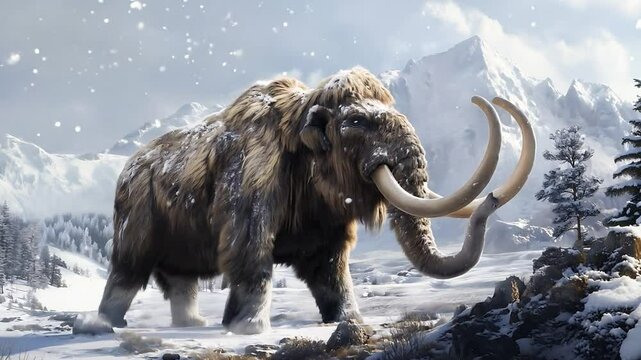 A woolly mammoth with curved tusks, Extinct prehistoric mammal walking with frozen mountain landscape on the background	