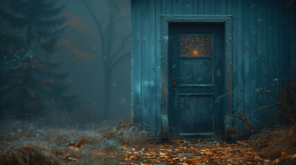 Afternoon view of old building door. Autumn mistic view to old doors in the forest hut. Magic atmosphere, magic ritual in the old house. Halloween theme, witch house. Snowy day