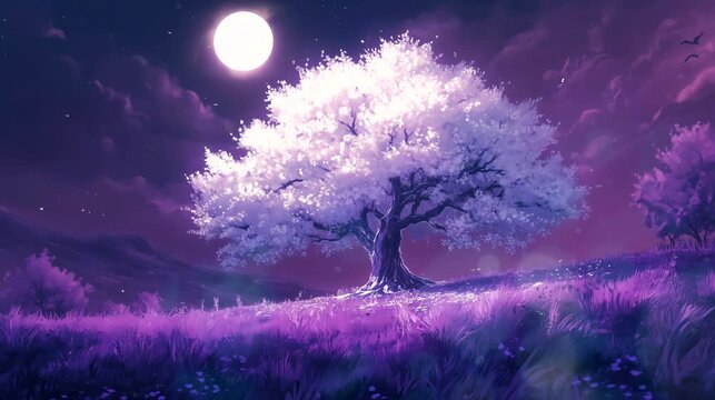Luminous white tree in a field of purple grass beneath a giant moon. Looping 4k video animation background