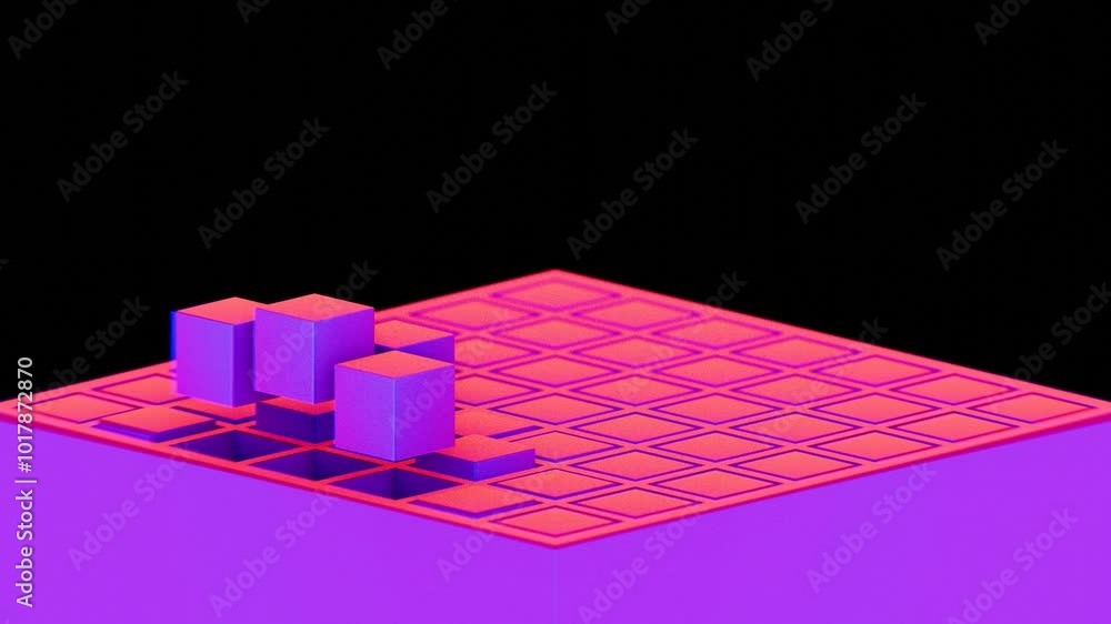 Poster abstract composition with blue and pink cubes and grid structure