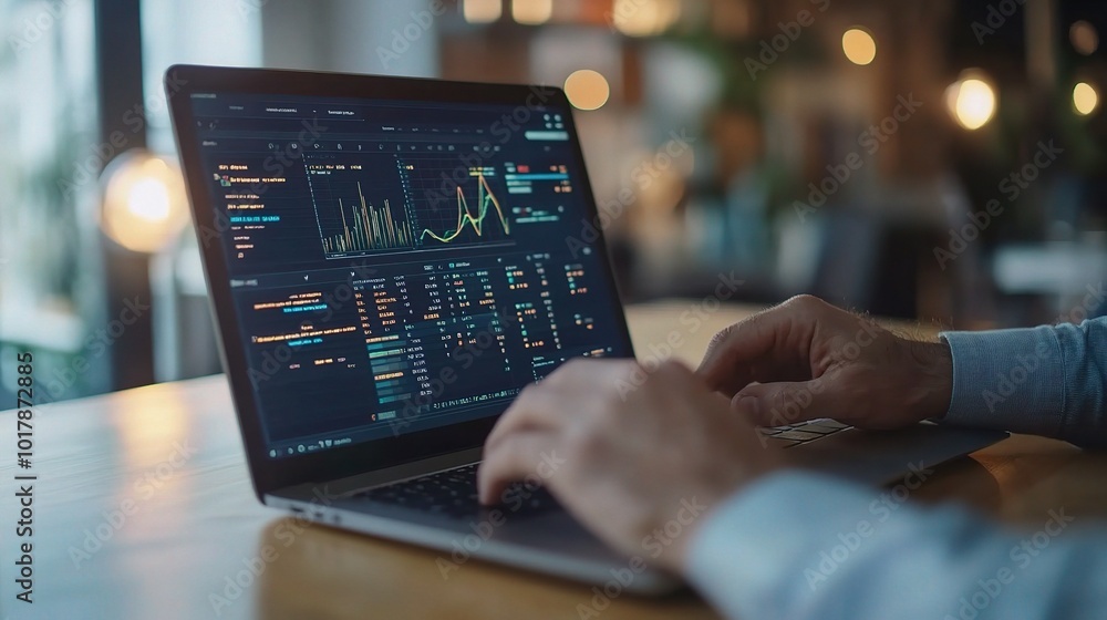 Poster analyzing data on a laptop in a modern workspace