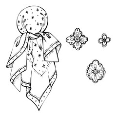 Traditional dress rebozo headscarf bandana shawl South American peasant female fashion, floral pattern embroidery. Hand drawn ink vector isolated illustration. Design atelier accessory shop boutique