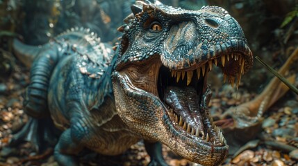 In a dense jungle, a formidable dinosaur unleashes a mighty roar, beautifully illuminated by the soft morning light filtering through the leaves