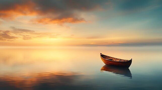 A solitary boat drifting into the horizon on a calm sea, signifying moving forward and letting go of past struggles. Ultra-Realistic, Photo Realistic, 