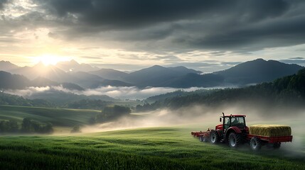 Naklejka premium A vast rural landscape bathed in sunlight, with a tractor pulling a hay trailer and workers loading fresh hay in the heat of the day. Ultra-Realistic, Photo Realistic, 