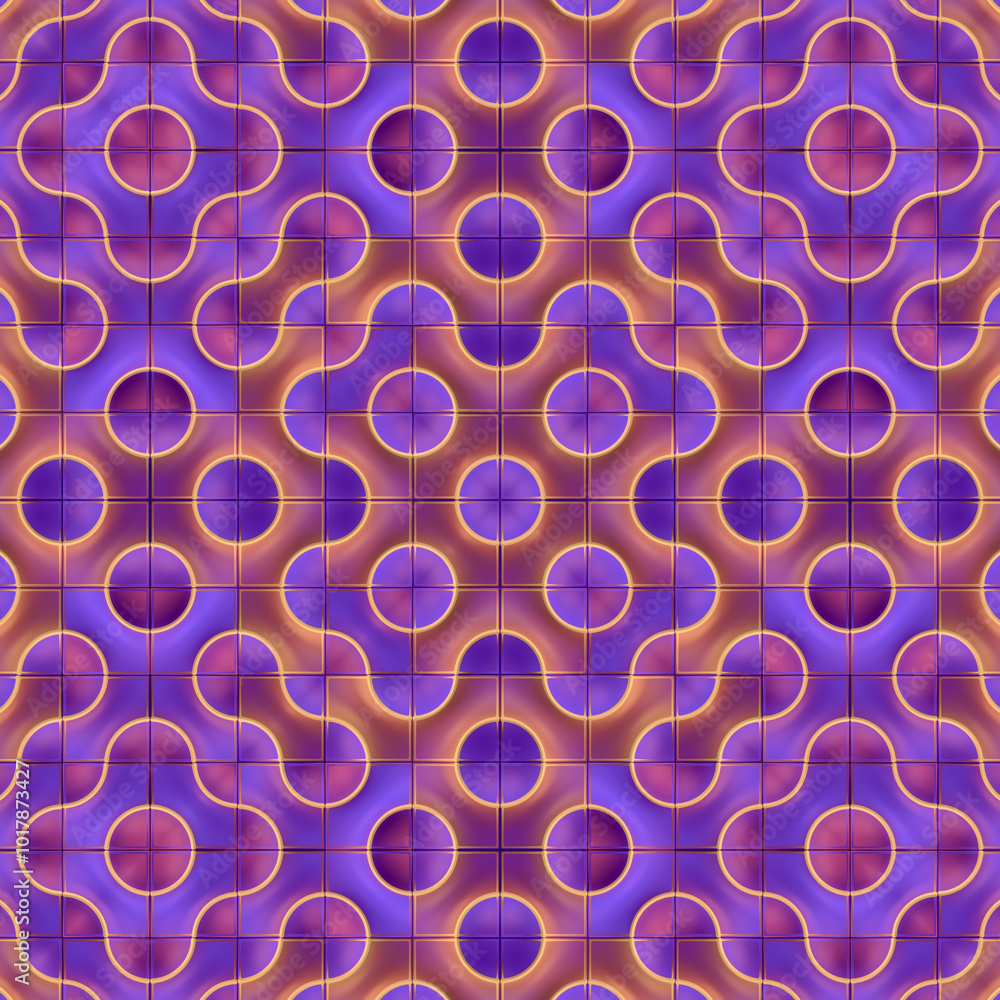 Aufkleber Symmetrical pattern of colorful tiles arranged in a strict grid of wavy lines and circles. 3d rendering illustration