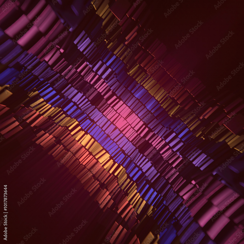 Poster abstract illustration of colored glossy stripes of dark rectangles. 3d rendering