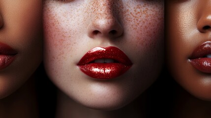 Obraz premium A close-up image of a young woman with different shiny lipsticks. This image can be used as a banner design.