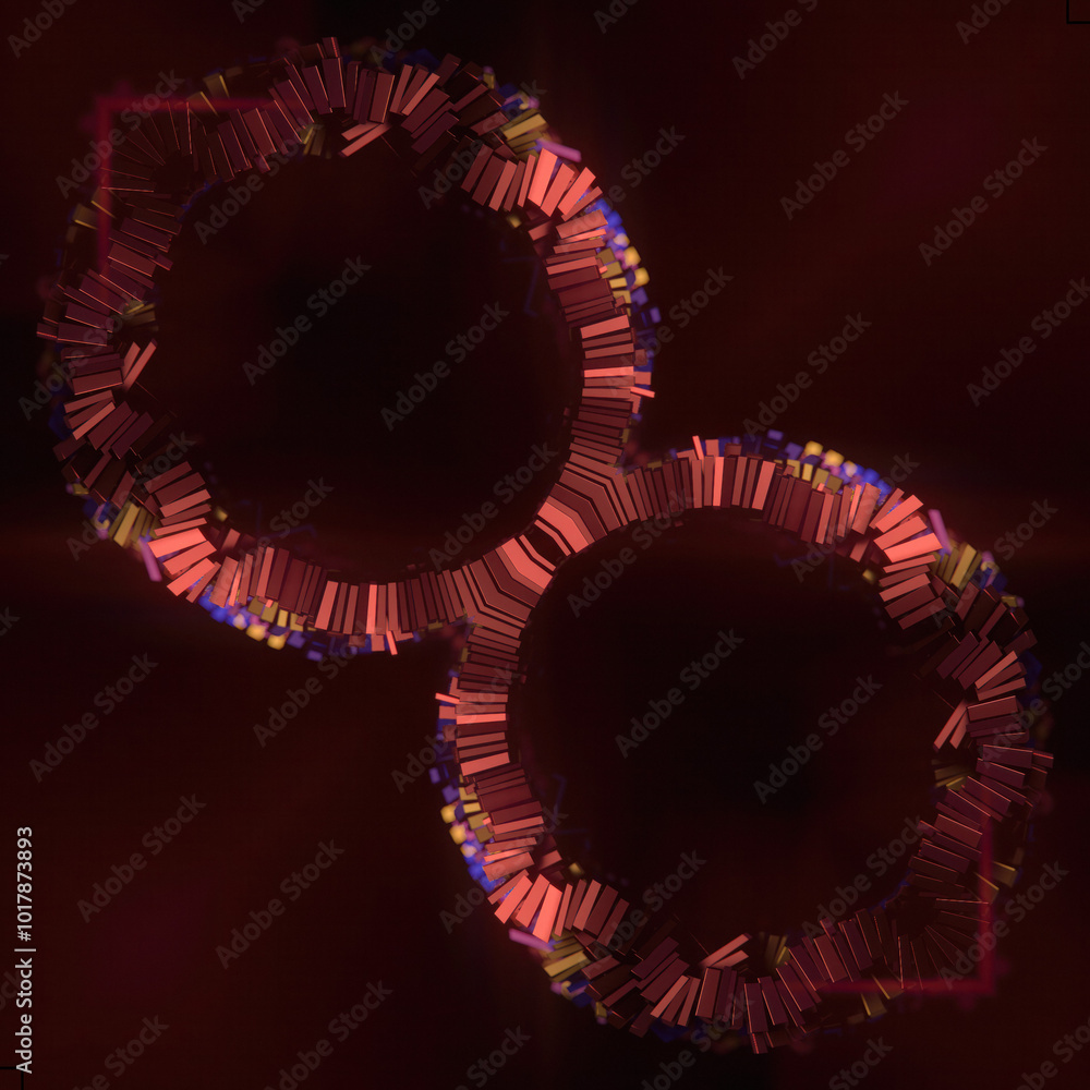 Poster Digital illustration of multiple rectangular elements in the shape of symmetrical half rings. 3d rendering