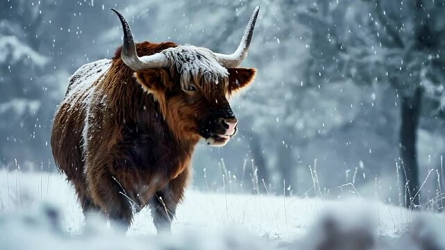 Portrait of Scottish Highland cow in the snow, Hairy Scottish highlanders in a natural winter landscape of a national park	