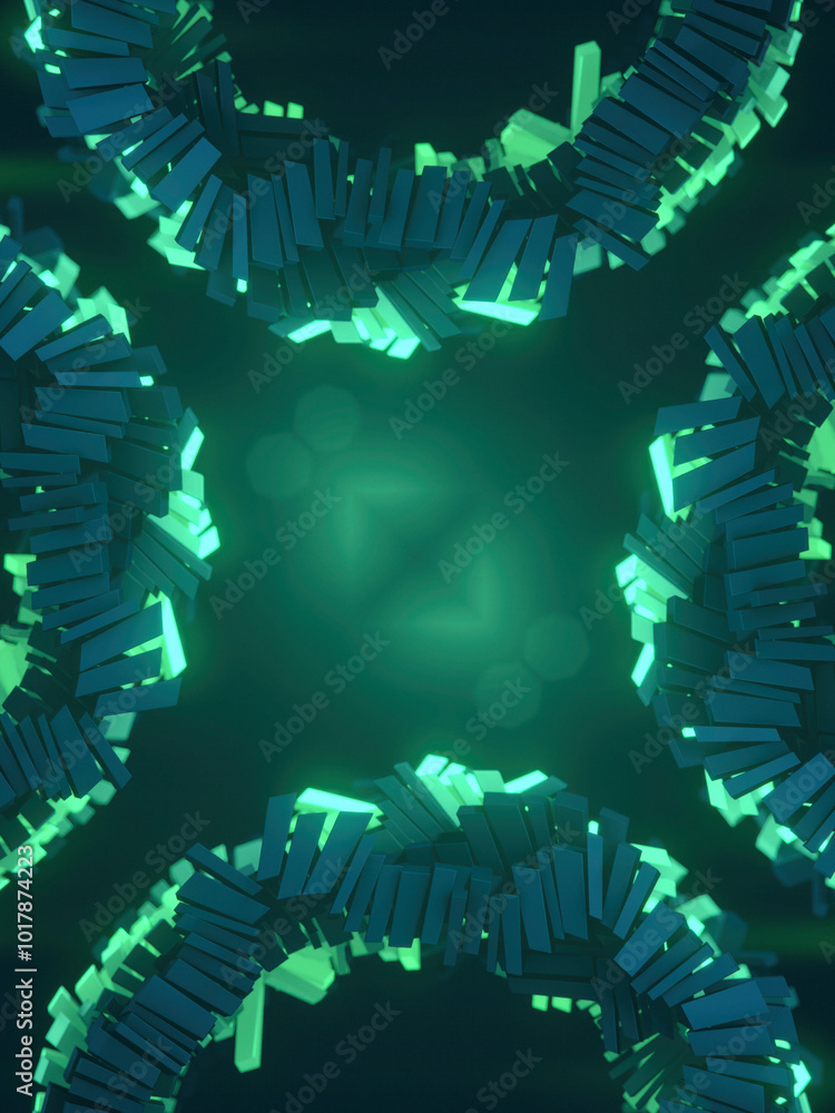 Poster Digital illustration of several rectangular elements forming the shape of symmetrical rings. 3d rendering