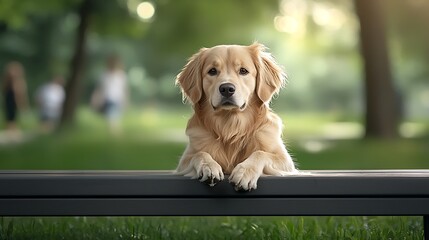 An urban park during the afternoon, a dog dozing off under a bench while people walk by in the distance, surrounded by green trees and golden sunlight, capturing the peacefulness of a lazy day, 