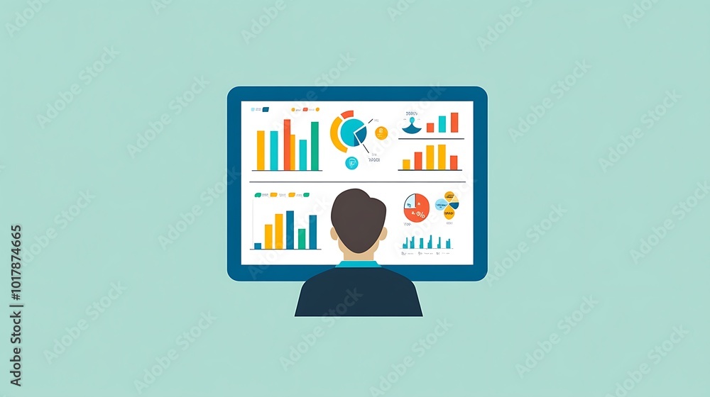 Poster man looking at a computer screen filled with data and graphs