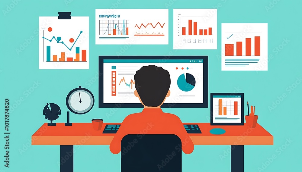 Poster man analyzing data on desktop and laptop computers