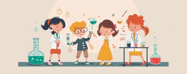 Science experiments, kids exploring, flat design illustration