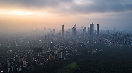 Fototapeta premium The skyline of the city was shrouded in thick fog