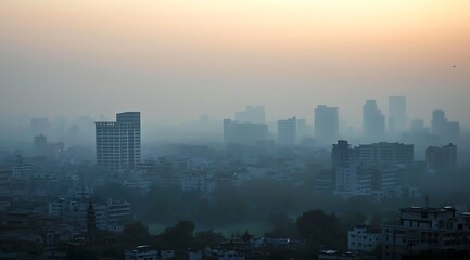 Fototapeta premium The skyline of the city was shrouded in thick fog