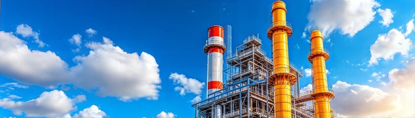 Fototapeta premium Industrial facility with smokestacks under a bright blue sky and fluffy clouds.