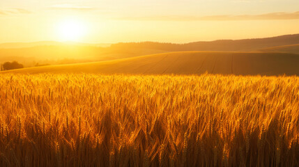 Obraz premium Golden wheat fields illuminated by the warm glow of a sunset on a tranquil evening in the countryside