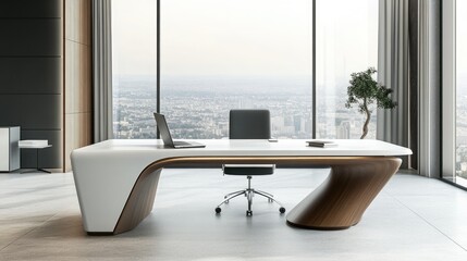 A minimalist workspace with a laptop on a modern desk, large windows, and elegant furniture, creating a productive and clean business environment