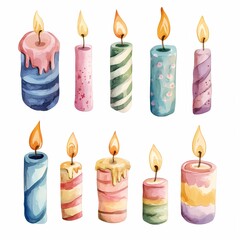 Birthday party candles, watercolor style illustration, isolated on solid white background