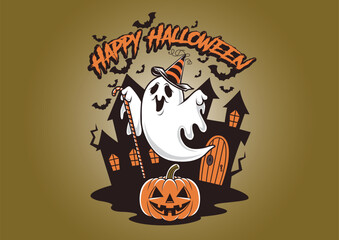 Ghost with Halloween Hat Celebrating Halloween with Scary Pumpkins Vector Art Unique Illustration