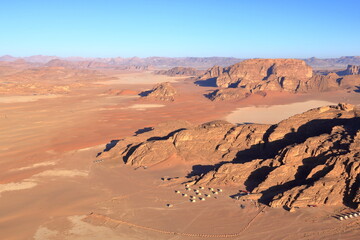 Aerial view of the famous Wadi Rum desert in Jordan, from a hot air balloon