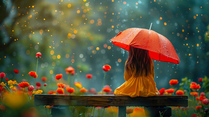 A child with a red umbrella sits on a bench surrounded by colorful autumn leaves in a tranquil park during a light rainfall