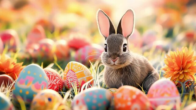 A cute fluffy easter rabbit with colorful easter egg on grass. Happy Easter	