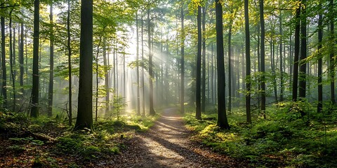 Obraz premium A dense pine forest foggy morning