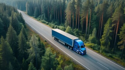 Blue Truck Driving Through a Forested Road