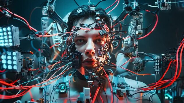 Portrait face of a man futuristic AI cyborg have a lot of cables and wires, A man with cyborgized brain	