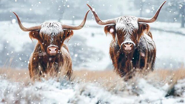 Portrait of Scottish Highland cow in the snow, Hairy Scottish highlanders in a natural winter landscape of a national park	
