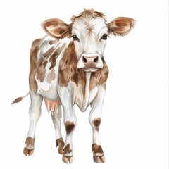 watercolor young cow with white and brown spots standing confidently against a white background, illuminated by soft daylight