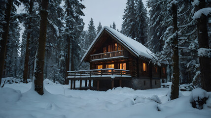 A cozy winter chalet nestled in a snowy forest, surrounded by snow-laden trees, creating a serene and picturesque winter wonderland