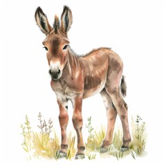 A young brown watercolor donkey stands in a field of grass with wildflowers on a lighte background