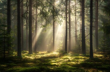 A dense pine forest foggy morning