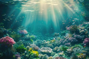 Sunbeams illuminate a vibrant underwater coral reef scene with colorful fish swimming.