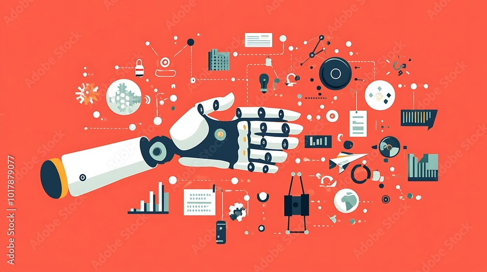 Poster robotic hand interacting with abstract network of data and technology icons