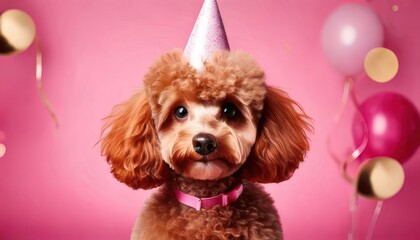  Cute Cartoon Birthday Poodle on a Pink Background 