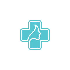 Minimalist logo design representing positive healthcare with a thumbs up symbol merging with a woman's profile within a medical cross