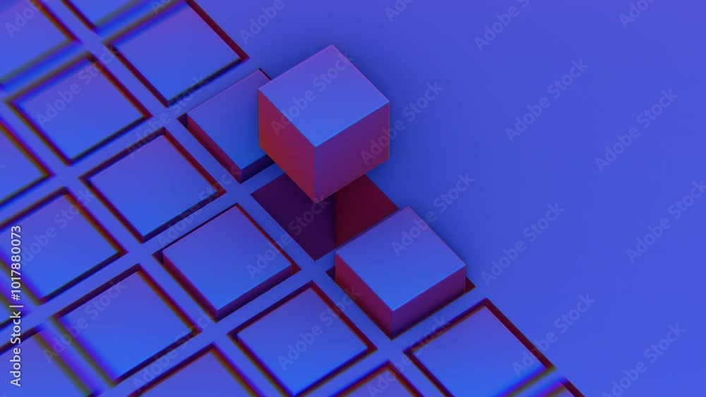Poster abstract composition with blue and pink cubes and grid structure