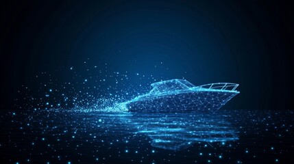 Futuristic Motorboat, Composed of Glowing Particles, Navigates a Digital Sea of Light and Data.